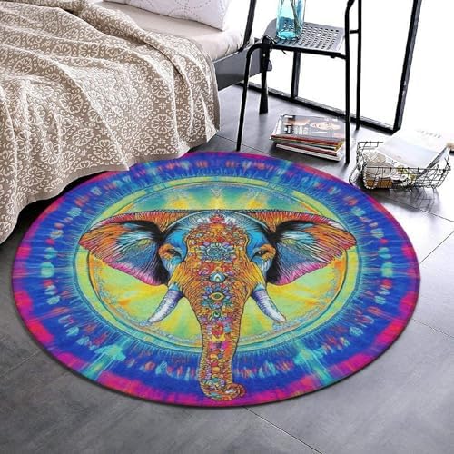Room Sofa Yoga Soft Round Carpet, Home Decor Non Slip Kitchen Office Circle Rug, Machine Washable Modern Round Area Rug Elephant Head Tie Dye Art, 60inch
