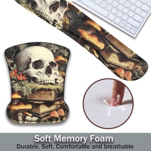 Ergonomic Keyboard Wrist Rest & Mouse Wrist Support Set with Lace Coaster, Gel Memory Foam Anti-Slip Base, Pain Relief for Typing, Gothic Skull & Mushroom