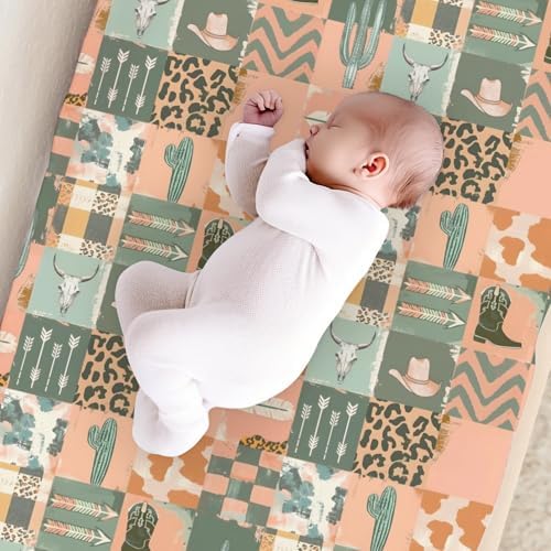 Western Cactus Cow Skulls Hats Patchwork Baby Changing Pad Cover, Unisex Western Nursery Diaper Changing Table Pad Mat Sheet for Boys Girls-16x32