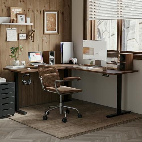 Agilestic 63 x 55 Inch L Shaped Electric Standing Desk, Dark Walnut