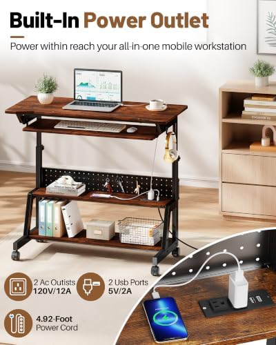 Rolling Computer Desk with Power Outlet, Adjustable Height Portable Desk