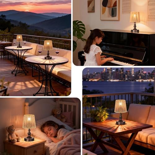 PARTPHONER Mini Cordless LED Table Lamp, 5200mAh Rechargeable Battery Operated Lamp, 3-Level Brightness, Touch Dimmable Desk Lamp, Bedside Night Light with Rattan Shade, Oil Rubbed Bronze