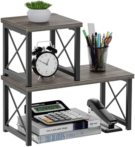 Honiter Desk Shelf for Top of Desk, Wood Desktop Shelf, 2 Tier Adjustable Bookshelf Organizer, Freestanding Stackable Desk Stand Storage Organizers Kitchen Counter Display Rack