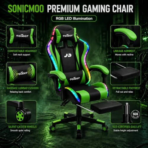 Redeer Led RGB Gaming Chair with Speakers Massage & Footrest, Reclining Gamer Chair for Adults, Video Game Chairs with Canopy, Heavy Duty Gaming Chair Massage, 350LBS Green