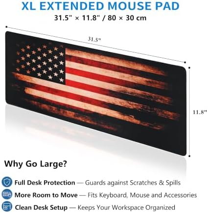 Extended American Flag Desk Mat, XL Large Gaming Mouse Pad, Vintage Retro Style Stitched Edges Waterproof with Non-Slip Rubber Base for Computer Keyboard Laptop Work Home Office 31.5"x11.8"