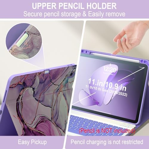 iPad 11th/10th Generation Case with Keyboard, Wireless Keyboard Cover for iPad 11 inch 2025 & 10.9 inch 2022, Detachable Magnetic Folio with Pencil Holder Auto Sleep/Wake Violet Marble