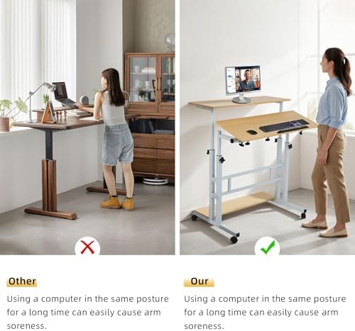 FAHKNS Small Standing Desk, Portable Stand Up Desk with Wheels, Adjustable Height Computer Desk for Home Reading Desk and Office Work