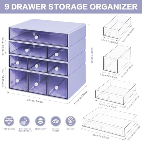 Desk Storage Organizer with 9 Drawers, 4 Tiers Stackable Desktop Craft Storage Drawers, Clear Storage Box Caddy for Stationary Makeup Jewelry Office Craft Supplies (Purple)