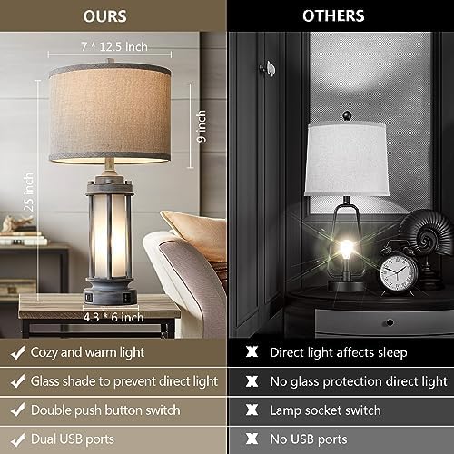 AIEAMPDO Set of 2 Rustic Table Lamps for Living Room with 2 USB C+A Ports
