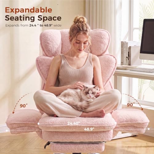 GTPLAYER Big and Tall Office Chair Flip Armrests Criss Cross Desk Chair with Pocket Spring Cushion & Ergonomic Lumbar Support for Lower Back Pain Relief Wide Seat Comfy Teddy Fleece,Pink