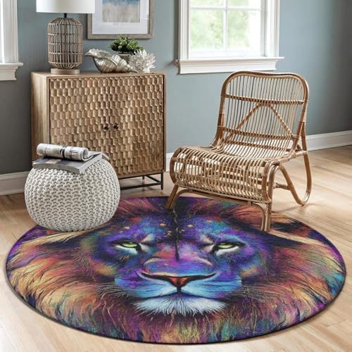 Home Decor Non Slip Kitchen Office Circle Rug, Machine Washable Modern Round Area Rug, Room Sofa Yoga Soft Round Carpet Trippy Animal King Cool Lion Art, 24inch