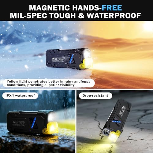 EDC Rechargeable Flat Flashlight 1000 Lumens White LED/UV/RGB Ambient Signaling Flashlights, Magnetic Clip on Pocket Light for Outdoors, Emergency, Working (1, Black, Compact)