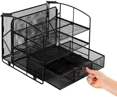 Amazon Basics Sturdy Rectangular Desktop Organizer with 3 Trays, Sliding Drawer and Hanging File Holder for Office Supplies, Black