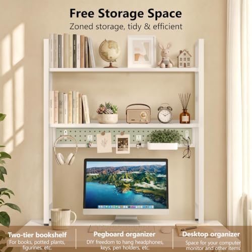 Brakki 2-Tier Desk Shelf, Desk Hutch Bookshelf with Pegboard and Hook Dorm