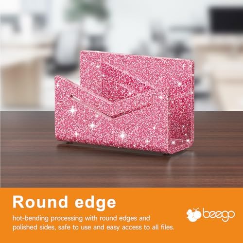 Beego Envelope and Mail Organizer Countertop - Glitter Pink Acrylic Desk Organizer Letter Holder Desktop File Sorter Bill Document Folder Rack for Office, Home, School Desk Organization