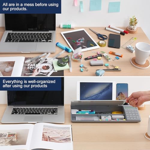 Small Glass Desktop Whiteboard Dry-Erase-Board - Computer Keyboard Stand with Calculator White Board Surface Pad with Drawer, Desk Organizers with Accessories for Office, Home, School Supplies - Grey
