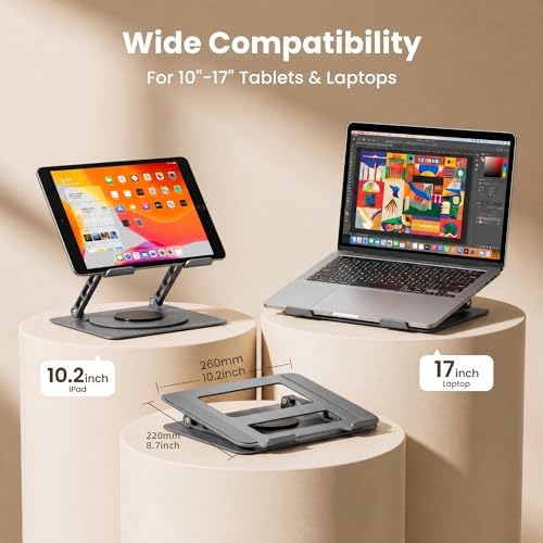 Aluminum Laptop Stand for Desk, Heavy Duty Computer Stand with 360° Rotating Base, Ergonomic Adjustable Height Notebook Riser, Compatible with MacBook Pro/Air, Dell, HP, 10-17” Laptops - Grey