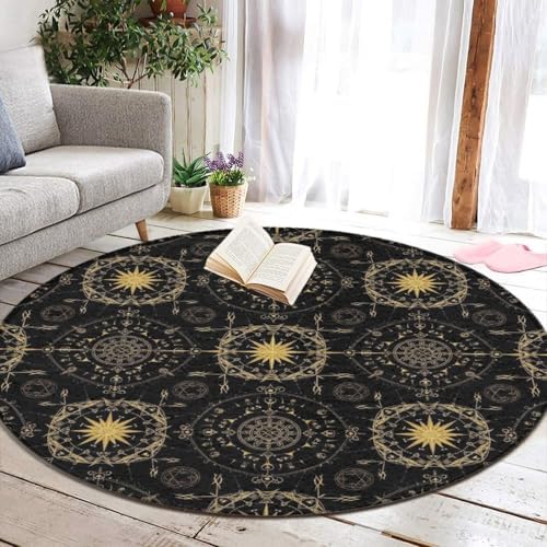 Home Decor Non Slip Kitchen Office Circle Rug, Machine Washable Modern Round Area Rug, Room Sofa Yoga Soft Round Carpet Ancient Viking Vegvisir Art Wind Rose Magic Navigation Gold Compass