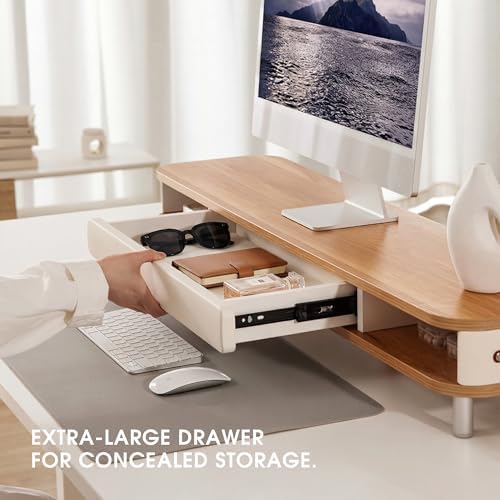 Fenge Dual Monitor Stand with Large Storage Drawer, 42.5" Desk Shelf, Oak