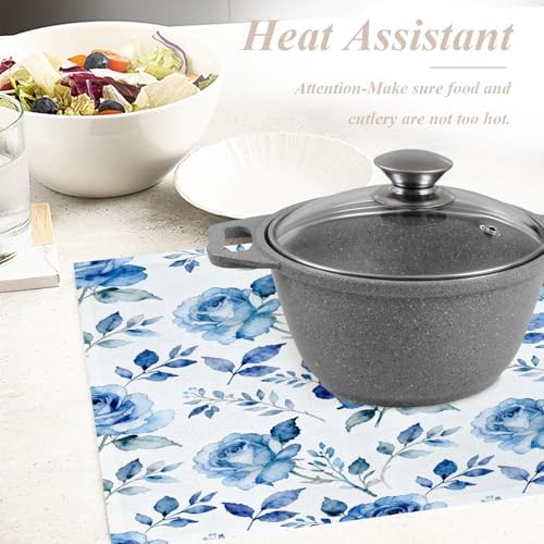 Shrahala Blue Nature Rose Placemats, White Table Mat Linen Burlap Washable Double-Deck Heat Insulation for Dining/Kitchen Table Set of 6 (12 X 18 Inch)
