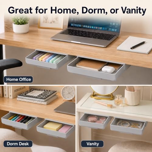 Under Desk Drawer, 2 Pack Self Adhesive Slide Out Desk Storage Drawers