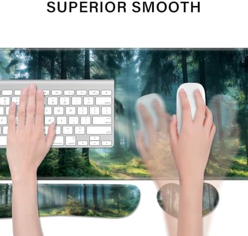 Desk Pad and Keyboard Wrist Rest, Large Mouse Pad + Keyboard Pad+Mouse Wrist Support, Non-Slip Desk Mat Protector for Office, Home 31.5×11.8 Inches Forest