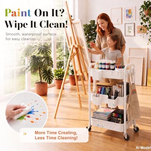 3 Tier Rolling Cart Metal with Wheels, White Three Tiered Carts on Wheels