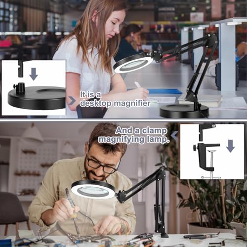 12X Magnifying Glass with Light, Krstlv Upgrade Button 5 Color Modes Stepless Dimmable 2-in-1 LED Lighted Desk Lamp & Clamp, Hands Free Magnifier with Light and Stand for Craft Hobby Repair Close Work