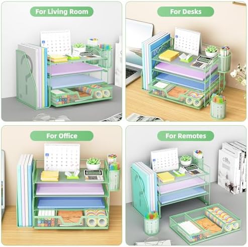 Marbrasse 4-Tier Paper Tray Organizer with Drawer and Pen Holder, Green