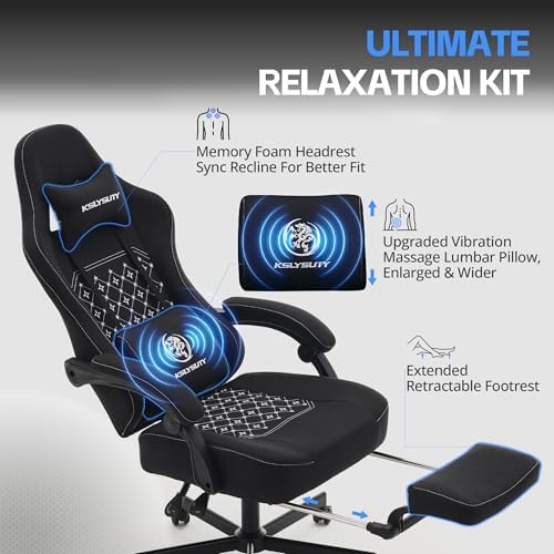 Office Desk Computer Gaming Chair for Adults, Ergonomic High Back Gamer Chair with Massage and Pocket Spring Cushion, Swivel Comfy Video Game Chairs with Footrest and Lumbar Support (Black)