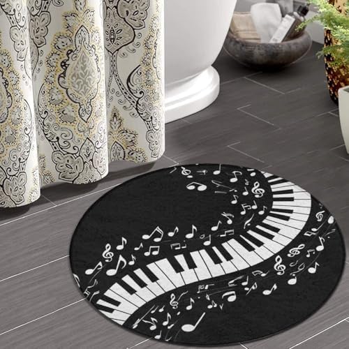 Large Home Decor Mat, Soft Round Yoga Carpet, Non Slip Machine Washable Home Office Circle Rug Piano Music Notes Gift Black and White