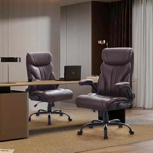 Big and Tall Office Chairs with Adjustable Flip-up Armrests,500LBS Wide Ergonomic Gaming Chair,100-118°Recline Executive Leather Computer Chairs with Adjustable Height,Coffee