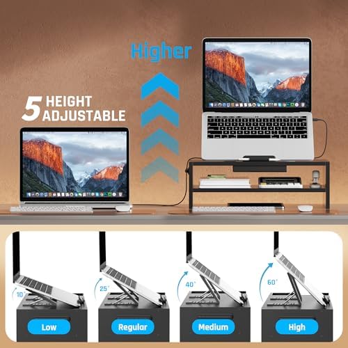 AFOOYO Adjustable Wood Laptop Stand, Ergonomic Height Angles Computer Holder Riser for Desk Compatible with Air, Pro, Dell, HP, Lenovo More 10-17.3" Laptops, Black