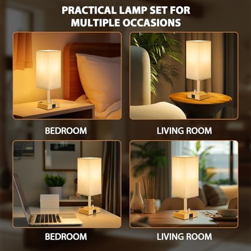 Gold Bedside Table Lamps Set of 2 - Dimmable, USB C+A, 2 AC Outlets