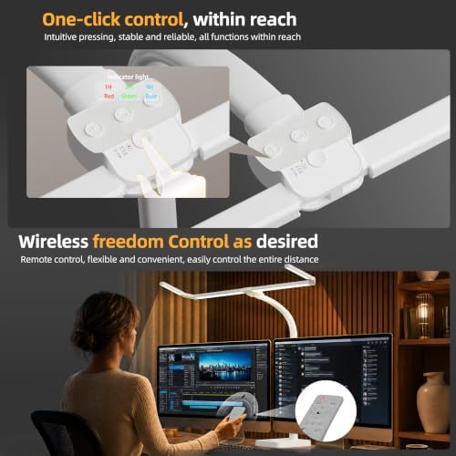LED Desk Lamp for Home Office，42" Eye-CaringDesk Light with Remote，Adjustable Flexible Gooseneck，1800LM Ultra Bright Table Lamp with Base for Work，Reading, Study，Double Monitor（White） ﻿