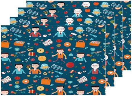 Shrahala Businessmen Items Work Set of 4 12 X 18 Inch Linen Placemats, Professional Office Illustration Burlap Table Mat Washable Double Layered Heat Insulation for Indoor/Outdoor