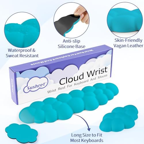 Sushret Cloud Wrist Rest Keyboard, Cloud Keyboard Wrist Pad Set with PU Leather Memory Foam, Cute Arm Rest for Palm Support, PC/Gaming Desk Accessories/Office Setup/Computer Hand Cushion - Scuba Blue
