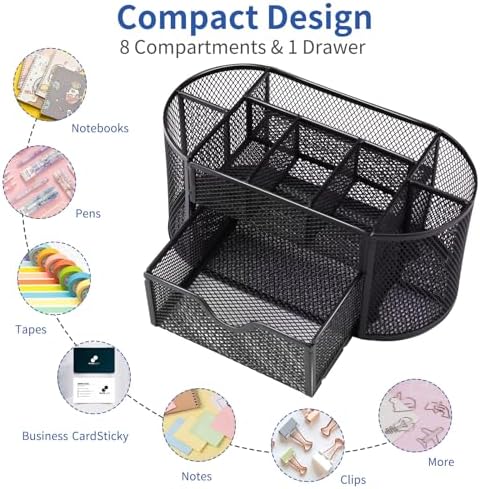 EOOUT Desk Organizer Black Mesh Pencil Holder 8 Compartments 1 Drawer