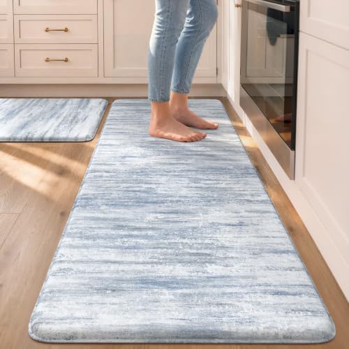 KIMODE Anti Fatigue Kitchen Mat, Boho Abstract Kitchen Rugs Sets of 2 Blue