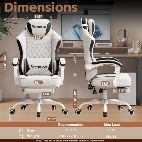 Vonesse Gaming Chair, Desk Chair with Linen Breathable Mesh Fabric, Office Chair with Adjustable Lumbar Support, Computer Chairs with Footrest and Headrest (Beige White)