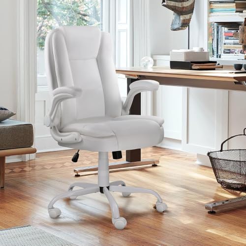 Ergonomic Office Chair with Flip-up Armrests, Big and Tall Leather Executive Office Chair, High Back Lumbar Support Home Computer Desk Chair, Heavy and Duty Computer Chair (White)