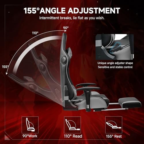 GTPLAYER Gaming Chair,Gamer Chair with Bluetooth and Adjustable Backrest,Seat Height Adjustable Computer Chairs with 3D Armrests,Video Game Chair with Footrest Speakers (Grey)