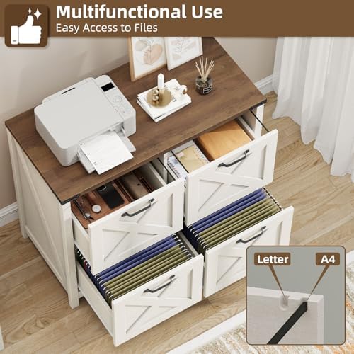 Halitaa Farmhouse Lateral File Cabinet with 4 Drawers, White and Brown