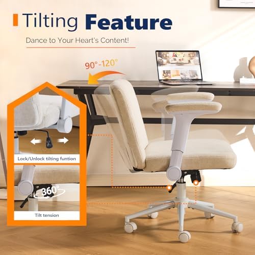 VINGLI Criss Cross Chair with Adjustable Flip-Up Arms,Cross Legged Chair with Wheels, Extra Wide Office Chair,Cozy Desk Chair for Home Office, Vanity, Apartment,Chenille Velvet,Beige