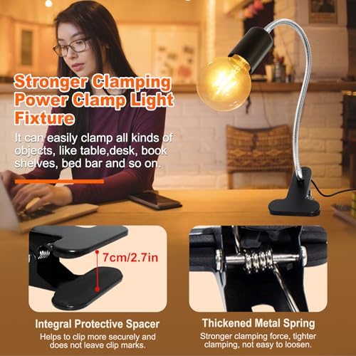 Clip-on E26/E27 Clamp Light Socket with 220 CM Cable, 360 Rotatable Flexible Desk Lamp, 9MM & 350MM Thickened Lengthened Gooseneck, Metal Base, for Bedside