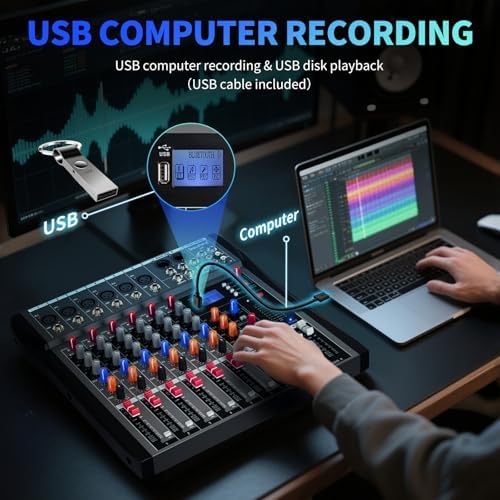 Depusheng DX6 Professional Mixer Sound Board Console 6 Channel Desk System Interface Digital USB MP3 Input 48V Phantom Power Stereo DJ Studio FX Steel Chassis,Black Bluetooth USB Audio Mixer for PC