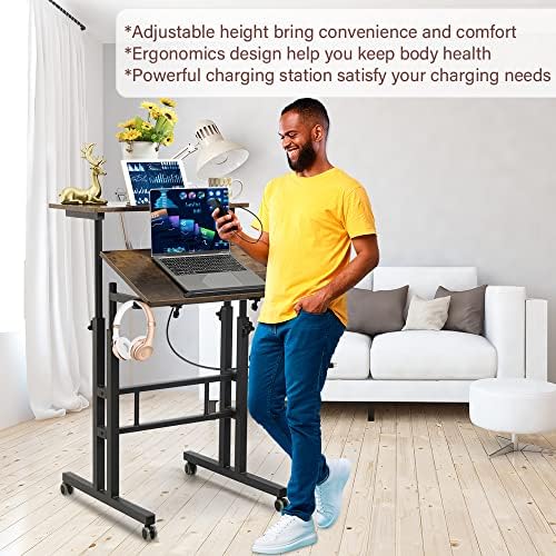 Hadulcet Mobile Standing Desk with Wheels, Rolling Desk Adjustable Height, Portable Laptop Table with Charging Station, Sit Stand up for Home Office, Study, Classroom, Rustic Brown