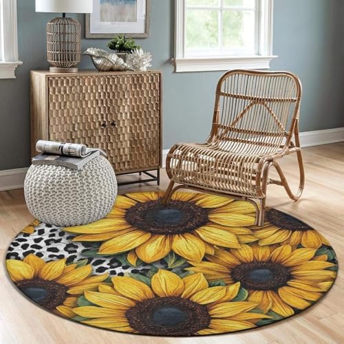 Highly Premium Quality Floor Mat, Office Chair Decor Mat, Room Sofa Yoga Soft Round Carpet 80s Vintage Cow Print Sunflowers, 24inch