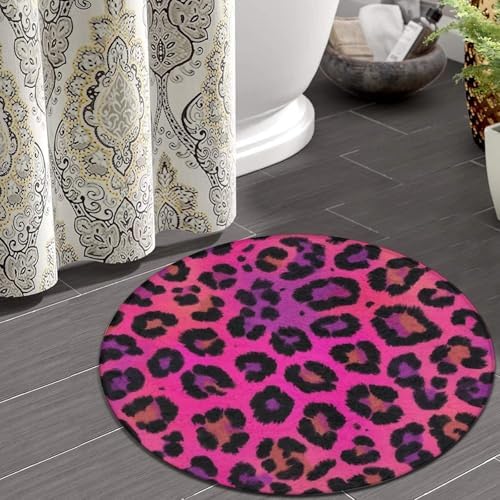 Room Sofa Yoga Soft Round Carpet, Home Decor Non Slip Kitchen Office Circle Rug, Machine Washable Modern Round Area Rug Hot Pink Tie Dye Leopard Cheetah Print