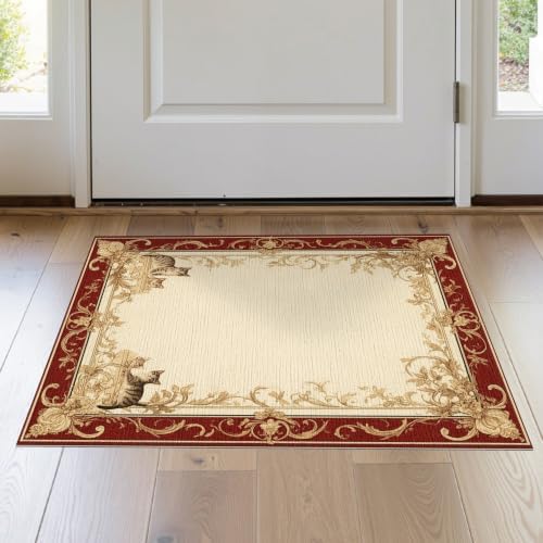 2'x3' Ivory Cat Crimson Motif with Swirls Washable Throw Rug